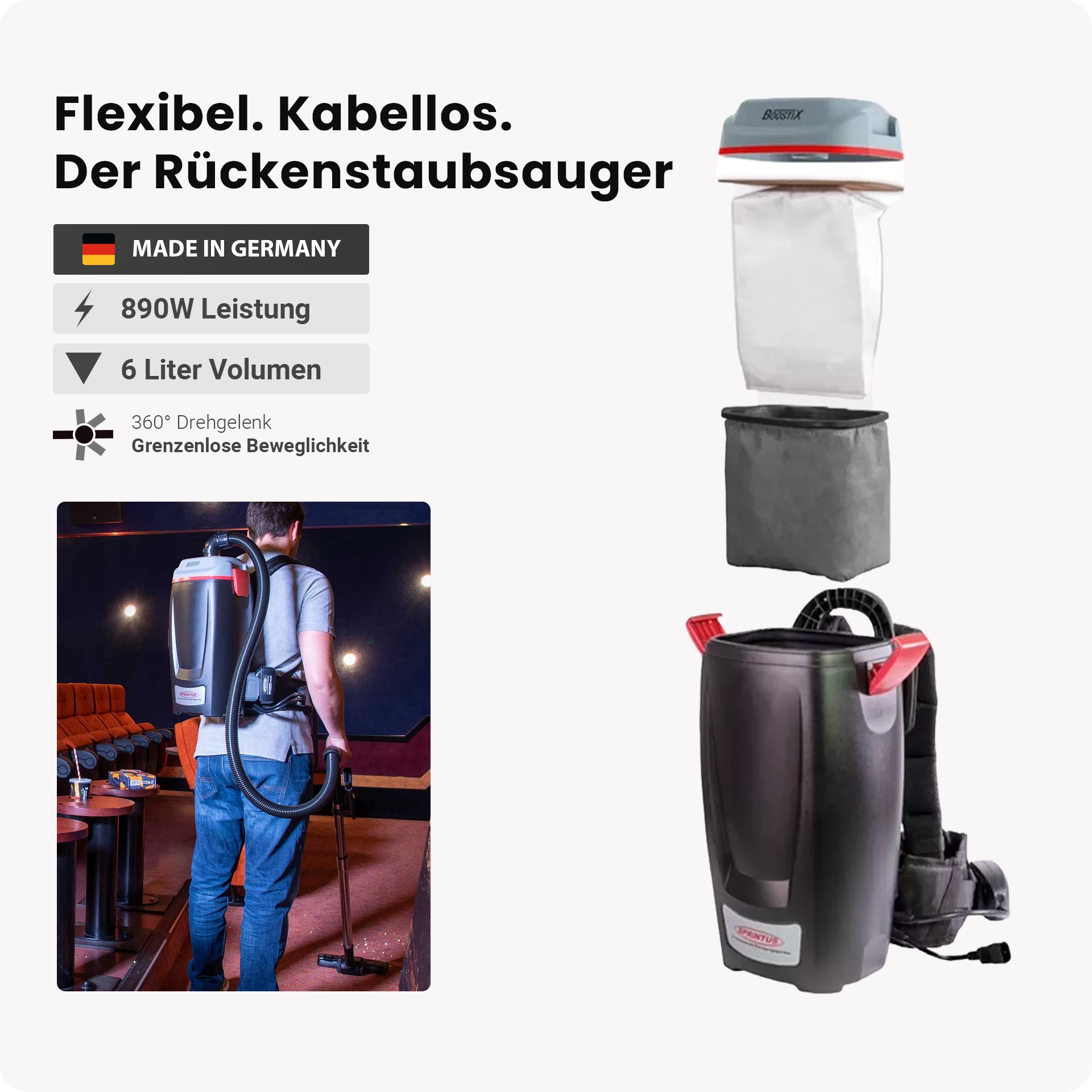  BoostiX – Rucksacksauger mit Akku | Ergonomisches Tragesystem | Für Treppen, Kino, ÖPNV | Leicht & flexibel einsetzbar