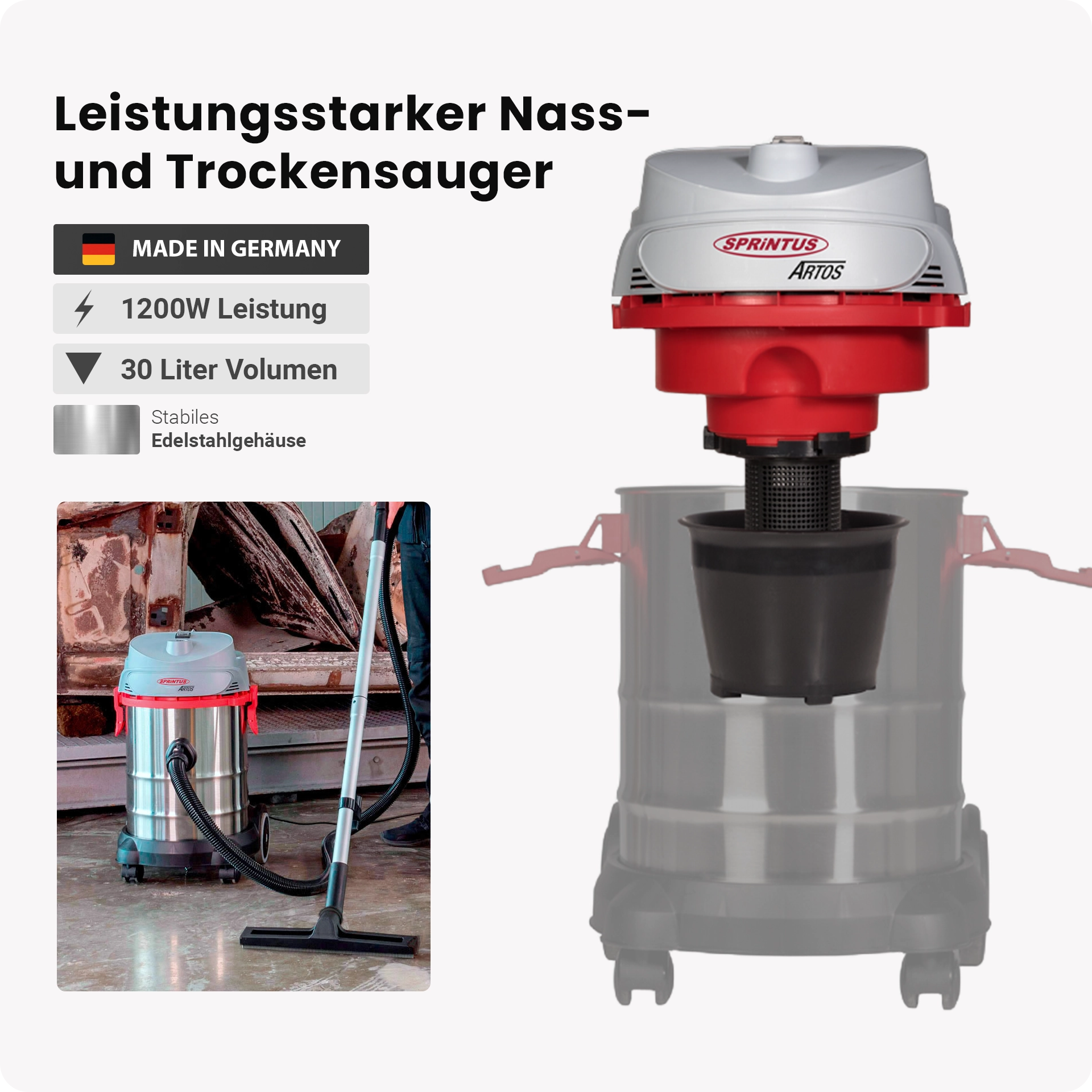 ARTOS Nass und Trockensauger | 1200 Watt | 30 Liter | Allround-Talent für Zuhause und Industrie (Nasssauger)