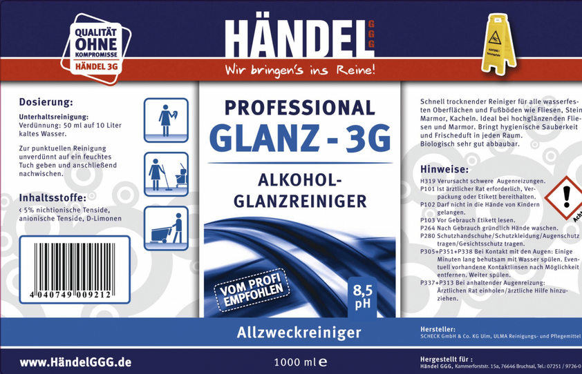 Glanz 3G - Alkohol Glanzreiniger | 1L |  für  hochglänzenden Fliesen und Marmor