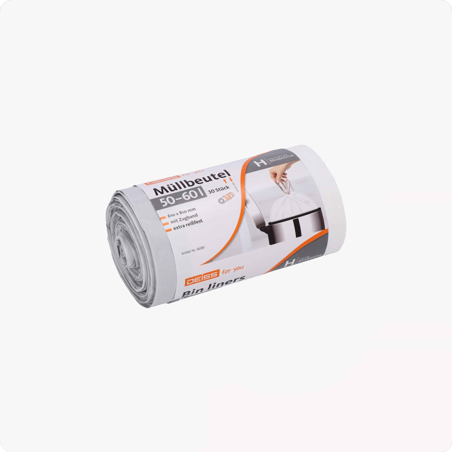 Reißfeste HDPE Müllbeutel 50–60 L | 30 St. pro Rolle | Weiß, 28 µm, mit Zugband & recyclingfähig