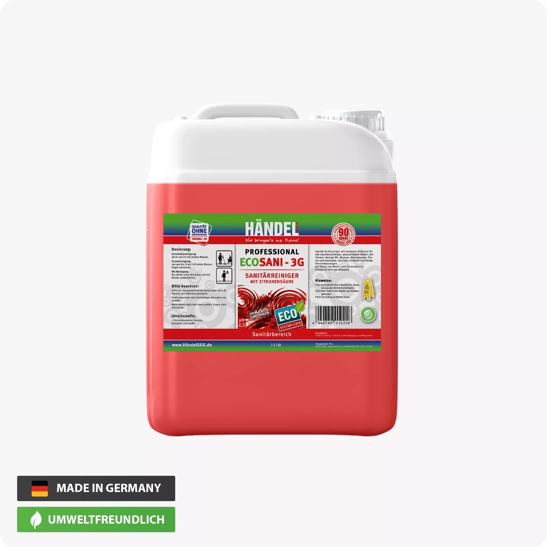 EcoSani 3G -  Sanitärreiniger | 10L | Entfernt Kalk, Urinstein, Rost, Seifenrückstände & fettigen Schmutz