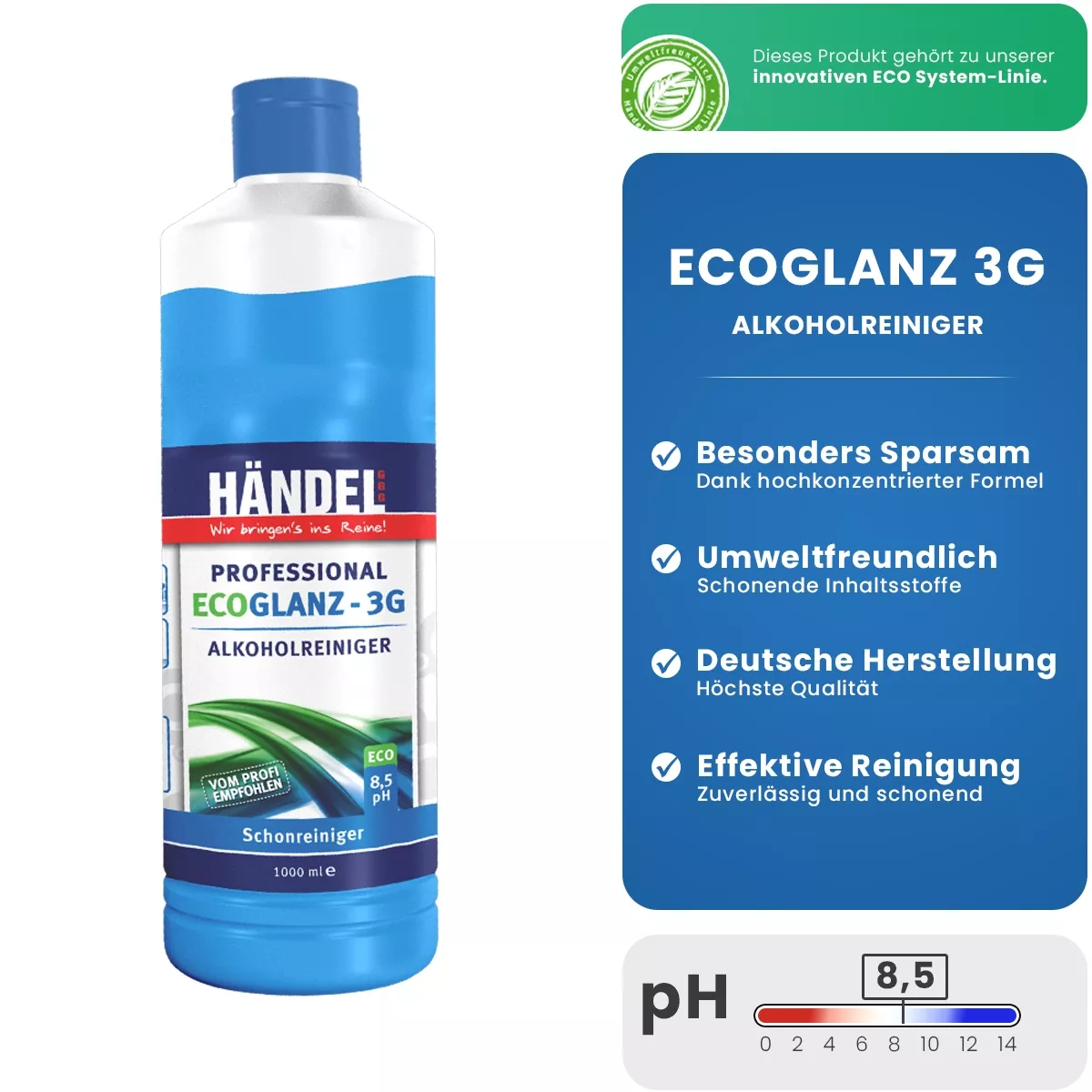 EcoGlanz 3G - Alkoholreiniger | 1 Liter | Für Flächen, Boden, Glas, Fenster | Biologisch sehr gut abbaubar
