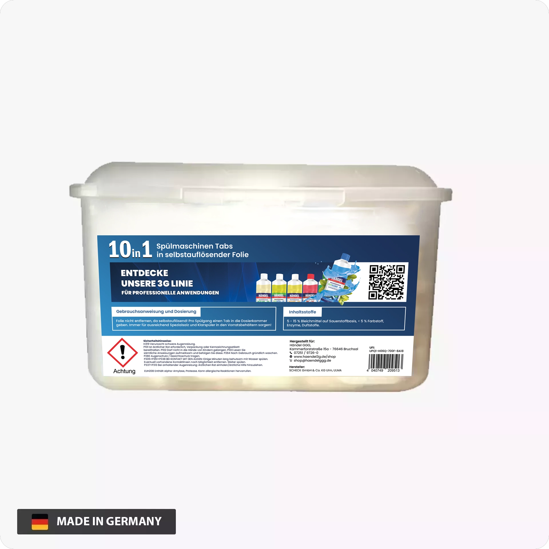 Geschirrtabs 3G | 10-in-1 | 60-180 Tabs | Mit Maschinenpflege & Fettlöser | Selbstlösende Folie | Für Porzellan, Glas, Edelstahl & Kunststoff
